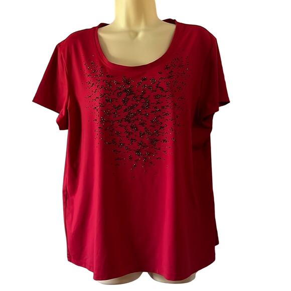 Chico’s 3 Zenergy Red Knit Top with Black Stone Embellishments Woman Size 16 - Picture 1 of 10